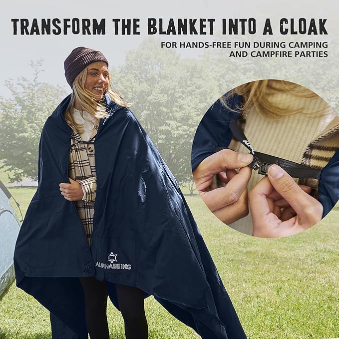 AlphaBeing Waterproof Outdoor Blanket with Merino Wool, Extra Thick Warm, Windproof, Packable Stadium Blankets for Cold Weather, Camping Gift, Pet, Car, Picnic, Concerts, 79" x 59", Navy