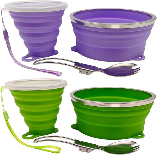 Mess Kit for Camping Silicone Collapsible Bowl Collapsible Cup and Stainless Steel Spoon for Backpacking Outdoor Hiking Traveling and Picnic - 2 Pack