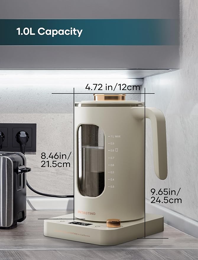 Electric Tea Kettle, INTASTING Glass Electric Kettle with tea Infuser and Precise knob temperature control, 1200W Fast Heating, BPA-Free, Easy to Clean, for Tea and coffee, 1 Liter (Cream White)