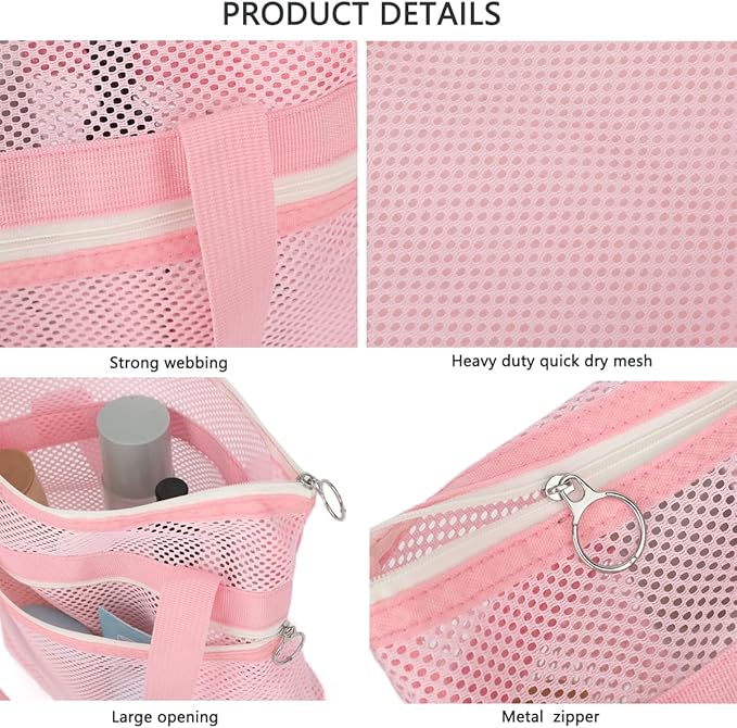 Mesh Shower Caddy Portable Shower Bag for Travel, Gym, Camping – Quick-Dry Hanging Toiletry Organizer with Zipper Pockets for Bathroom Essentials,Pink