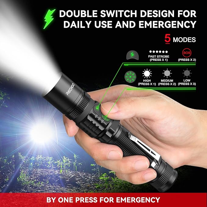 Rechargeable Flashlights 2 Pack, RECHOO High Lumens LED Tactical Flashlight with Double Switch, Small Bright Flash Lights with 5 Modes, Zoomable, IP65 Waterproof for Camping, Hiking, Emergencies