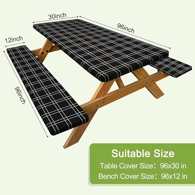 Picnic Table Cover with Bench Covers Camping Tablecloth with Storage Bag Windproof Waterproof Picnic Table Covers with Elastic for Camping