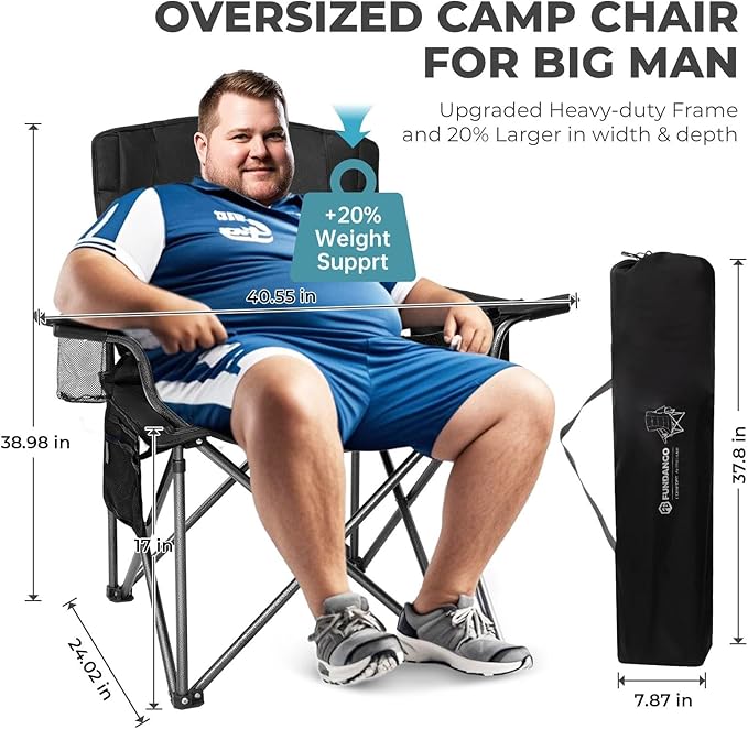 FUNDANGO Oversized Camping Chair for Adults, 2 Pack, Heavy Duty Foldable Portable Lawn Chair with Padded Seat & Back, Lumbar Support, 4-can Cooler & Cup Holder, Carry Bag Included for Outdoor (Black)