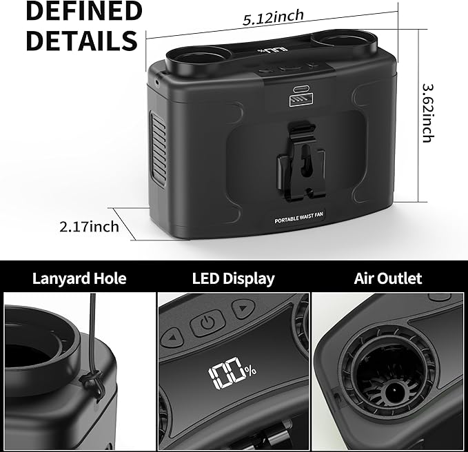 20000mAh Portable Waist Fan, Personal Fan Clip on with Rechargeable Battery operated, Dual Motors Upto 40H Cooling,10 Speeds,16000RPM Hands-Free Belt Neck Fan for Outdoor Jobsite Camping Travel