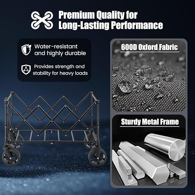 EchoSmile Collapsible Folding Wagon Cart 360lbs, Heavy Duty Garden Utility Cart with All Terrain Wheels, Large Capacity Outdoor Wagon for Camping, Beach, Shopping, Picnic (Black)