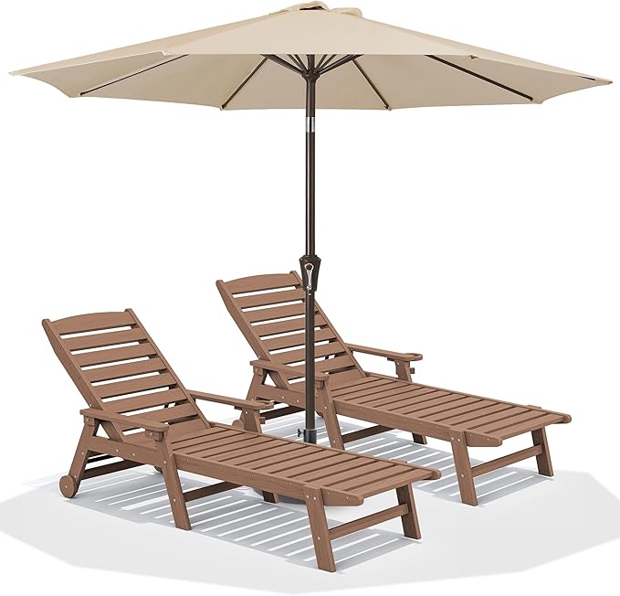 SERWALL Patio Chaise Lounge Chair Set of 2 with 9FT Patio Umbrella, 78'' HDPE Outdoor Lounger 5 Positions Adjustable, Poly Lounge Chair with Rolling Wheels & Cup Holder for Pool,Wooden Brown