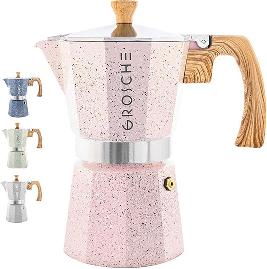 GROSCHE Milano Moka pot, Stovetop Espresso maker, Greca Coffee Maker, Stovetop coffee maker and espresso maker percolator (Pink, 9 cup)