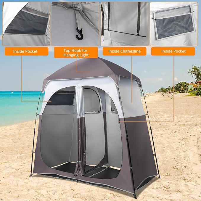 VINGLI 2 Room Shower Tent, 7.5 FT Instant Pop Up Shelter with Carrying Bag, Privacy Changing Room Tent,Perfect for Portable Toilet, Camping, Dressing, Outdoor Indoor, Easy Set Up