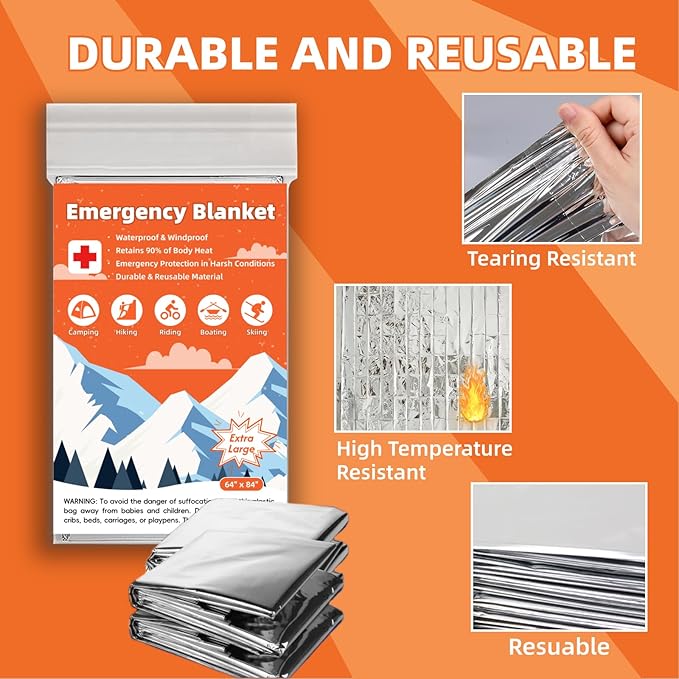 6 Pack Emergency Thermal Blanket Survival, 84” x 64” Extra Large Mylar Blankets for Outdoor, Space Blanket, Silver Foil for Survival, Survival Kit Camping Blankets, Body Warmer, Hiking