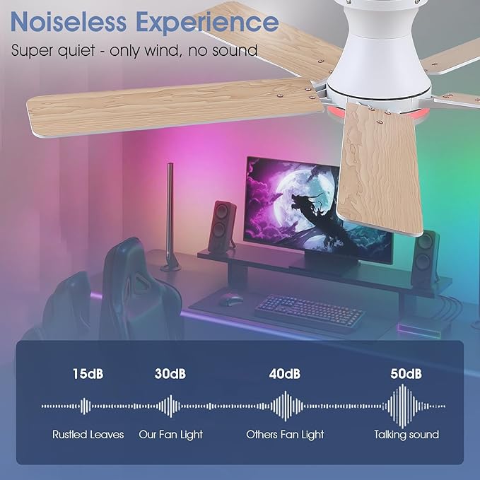 Low Profile RGB Ceiling Fans with Lights and Remote,52" White Flush Mount Ceiling Fans with Quiet Reversible DC Motor, Dimmable LED Ceiling Fan Light with 3 Colors 6 Speeds