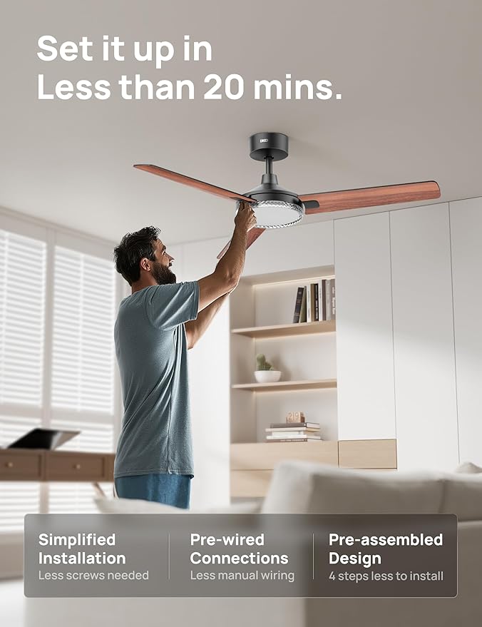 Dreo Smart Ceiling Fans with Lights, 52 Inch Black Ceiling Fan, 12 Speeds & 3 Fan Modes, Stepless Color Tones, Dimmable LED Light, 1-12H Timer, Quiet DC Motor, Remote/APP/Alexa/Wall Switch Control