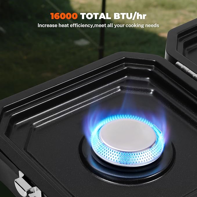 Dollate 2-Burner Propane Stove with Griddle and Carrying Bag, Portable Foldable Camping Stove with 2 Adjustable Burners 16000 BTUs,for Camping Tailgating Essentials Gear (Black)