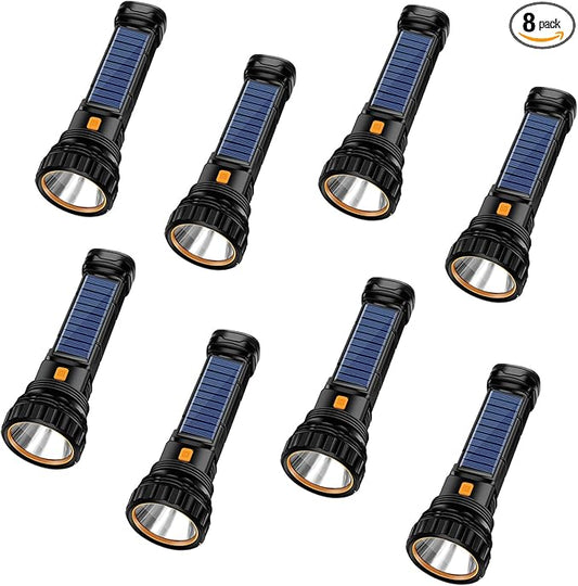 Solar/Rechargeable Multi Function 1000 Lumens LED Flashlight, with Emergency Strobe Light and 1200 Mah Battery, Emergency Power Supply and USB Charging Cable, Fast Charging (8PC)