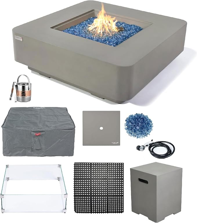 Elementi+ | Bundle Lucerne Gas Fire Pit Cast Concrete 42" Square Fire Table, Outdoor Fire Pit Electronic Ignition | Canvas Cover, Fire Glass and Burner Lid Included | Light Gray | Propane Gas