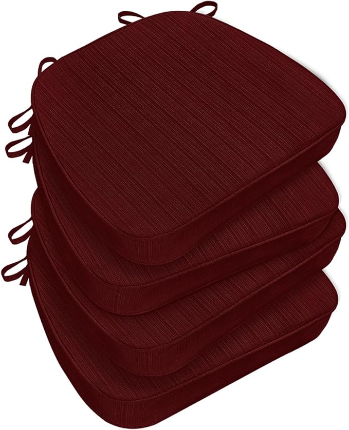 Chair Cushions for Dining Chairs, Indoor Chair Cushions with Ties，Waterproof Chair Pads Set of 4, Burgundy, 17x16x2.5 Inch