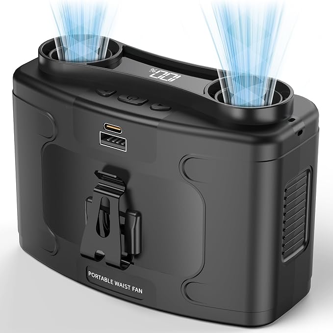 20000mAh Portable Waist Fan, Personal Fan Clip on with Rechargeable Battery operated, Dual Motors Upto 40H Cooling,10 Speeds,16000RPM Hands-Free Belt Neck Fan for Outdoor Jobsite Camping Travel