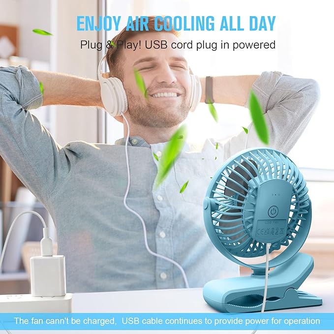 BESKAR Clip on Fan, Portable Small Desk Fans with Strong Airflow, 3 Speeds with Personal Fans Sturdy Clamp, Quiet Desk Fan & Clip Fan with USB Cord Powered - No Battery