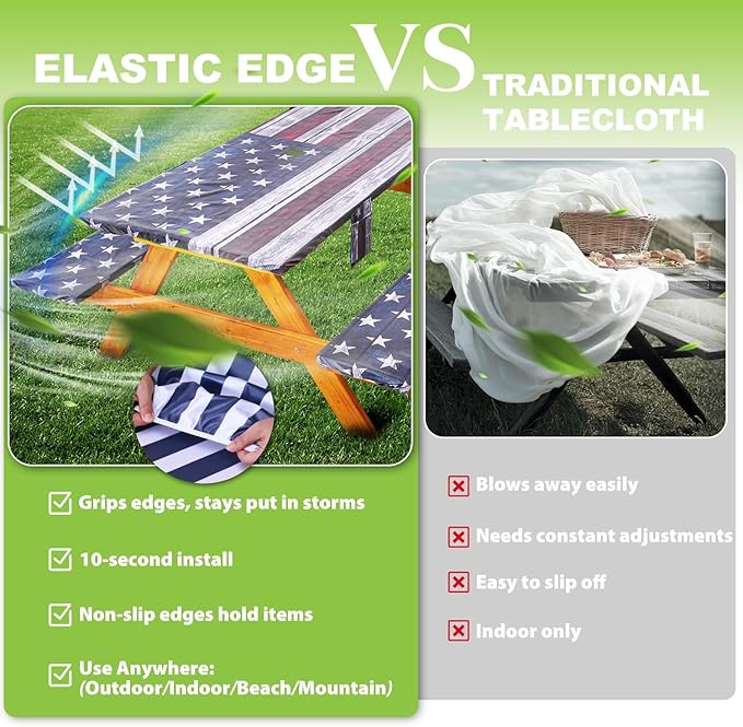 Fitted Picnic Table Cover with Bench Covers Waterproof Elastic Edges Rectangle Patio Tablecloth Outdoor Camping Essentials Stuff Rv Accessories Summer Trip Travel Supplies Party Camper Gifts, 6 ft