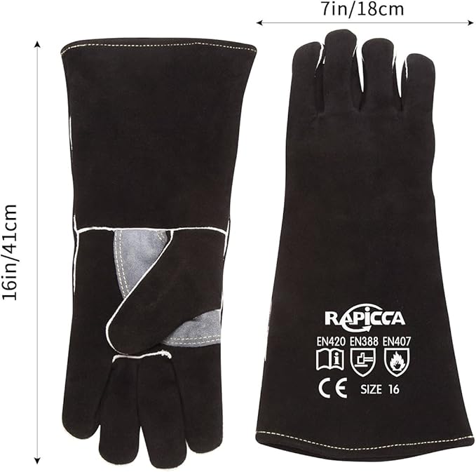 RAPICCA Welding Gloves Fire Heat Resistant: Black 16IN - Fireproof Leather For Stick Mig Flux-Core Welder Forge Blacksmith Fireplace Wood Stove Fire Pit Furnace Handling Dry ice - One Size 662℉
