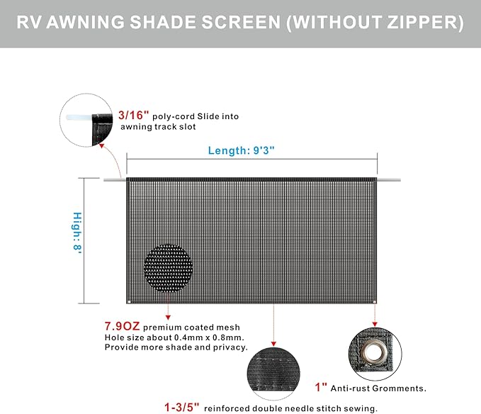 RV Awning Sun Shade Screen 8'x9'3''(Fit for 10' Awning),Black Mesh Shade Screen Without Zipper,Universal Trailer Camper Awning Screen with Complete Kit,Improves Shadow and Privacy