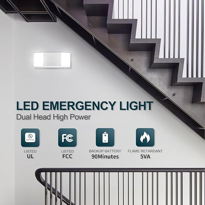 6 Pack LED Emergency Lights with Battery Backup, Two Square Heads Commercial Emergency Light, UL Listed for Damp Location,AC 120/277V, Hardwired Emergency Lights for Business