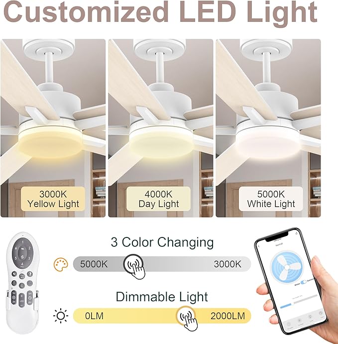 52” Smart Ceiling Fan with Lights Remote,Voice Control via Alexa Google WIFI App,Ultra Quiet DC Motor,Outdoor Indoor Modern Ceiling Fans,6-Speed for Bedroom Patio Porch,White and Wood Color