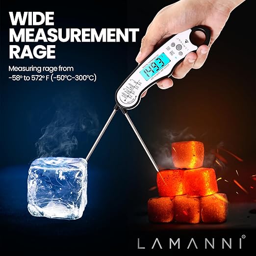 Instant Read Meat Thermometer for Cooking, Fast & Precise Digital Food Thermometer with Backlight, Magnet, Calibration, Foldable Probe, Waterproof Grill Thermometer for Deep Fry. (White Black)