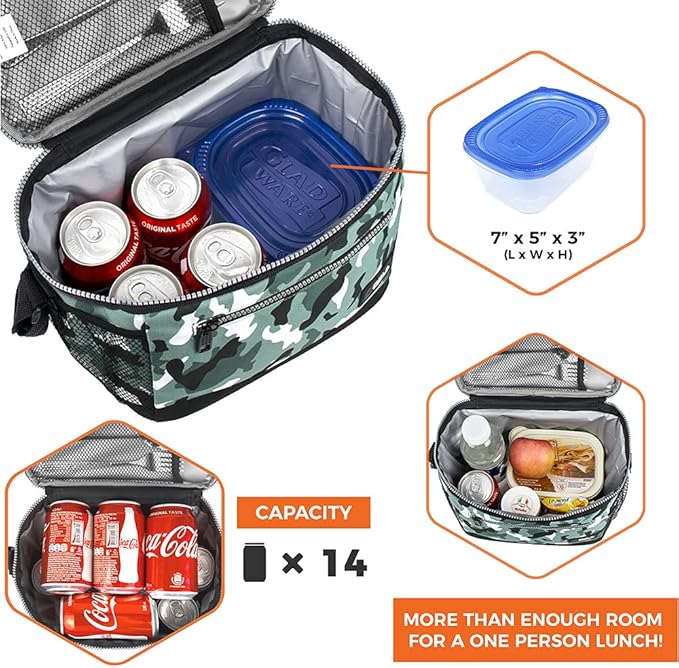 opux Insulated Lunch Box Men Women, Lunch Bag for Work School, Leakproof Soft Cooler Tote Adult, Large Lunch Pail Kids Boys Girls, Picnic Beach Food Bag with Shoulder Strap, Camo Green