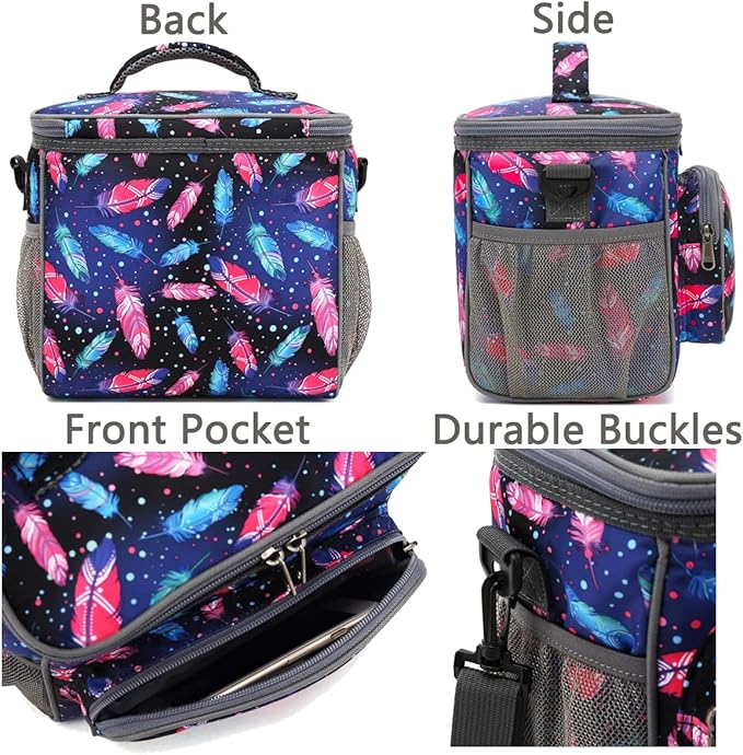 FlowFly Insulated Reusable Lunch Bag Adult Large Lunch Box for Women and Men with Adjustable Shoulder Strap,Front Zipper Pocket and Dual Large Mesh Side Pockets,Feather