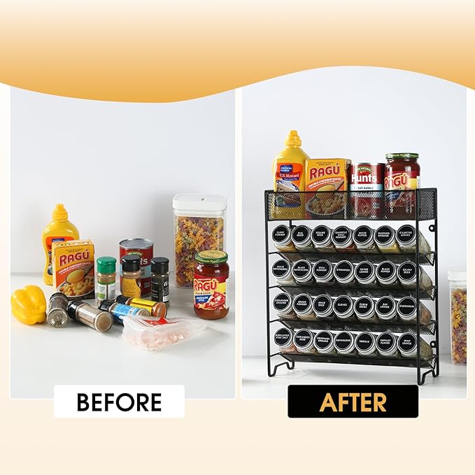 Spice Rack Organizer with 28 Empty Spice Jars,Spice Labels,Chalk pen and Funnel Complete Set,Space-Saving for Countertop, Cabinet or Wall Mount