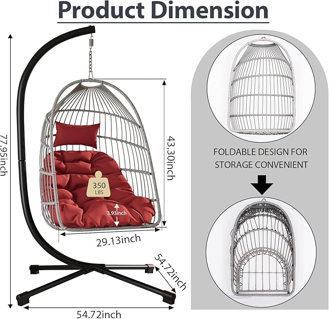 Foldable Hanging Egg Chair with Stand, HDPE Rattan and Heavy Duty Aluminum-Steel Frame, Outdoor Patio Wicker Swing Egg Chair with Headrest and Cushioned, 350 Lbs Capacity (Burgundy Red)