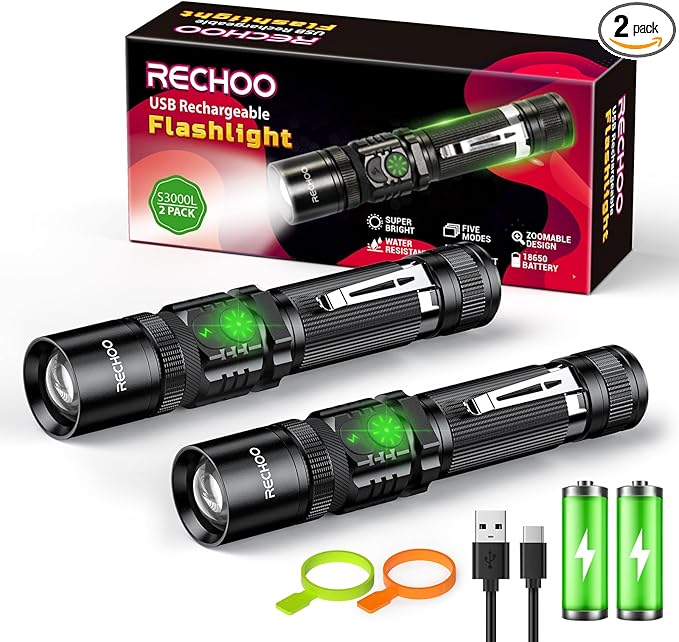 Rechargeable Flashlights 2 Pack, RECHOO High Lumens LED Tactical Flashlight with Double Switch, Small Bright Flash Lights with 5 Modes, Zoomable, IP65 Waterproof for Camping, Hiking, Emergencies