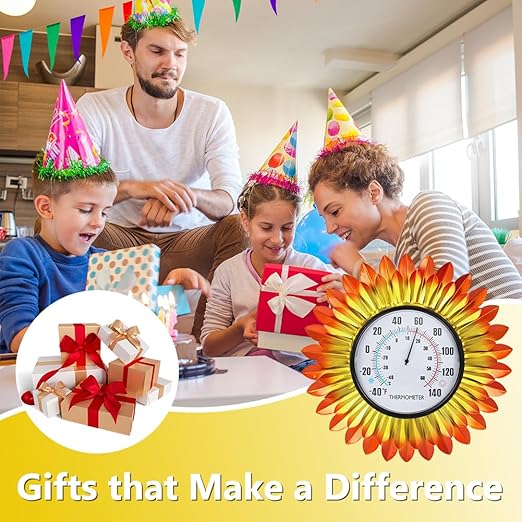 VEWOGITF Outdoor Thermometer, Metal Wall Themometer No Need Battery, Yellow Flower Indoor Thermometer with Large Number for Patio Room Decor