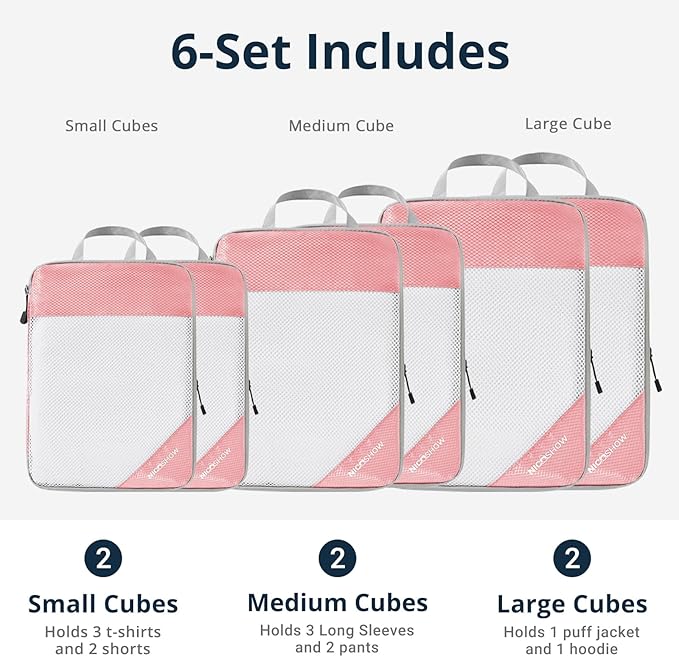 Compression Packing Cubes 3 Set, Compressible Space-Saving Packing Cubes for Travel - Compression Bags, Luggage Organizer, Travel Essentials for Women, Pink