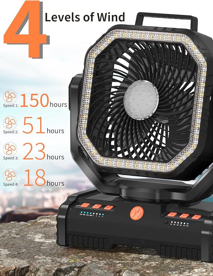 12 Inch Camping Fan,40000mAh Portable Fan with LED Lantern Light,Cool white & Warm White Dimmable Fans, Oscillating Fan with 360° Rotation Hanging Hook for Tents, Cordless USB Desk Fan(Black)
