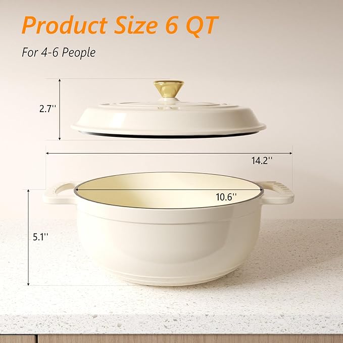 BONNLO 6QT Round Dutch Oven, Enameled Cast Iron Dutch Oven Pot with Lid & Dual Handles, Oven Safe Up to 500° F, for Sourdough, Bread Baking, Stews and Roasting (Cream)