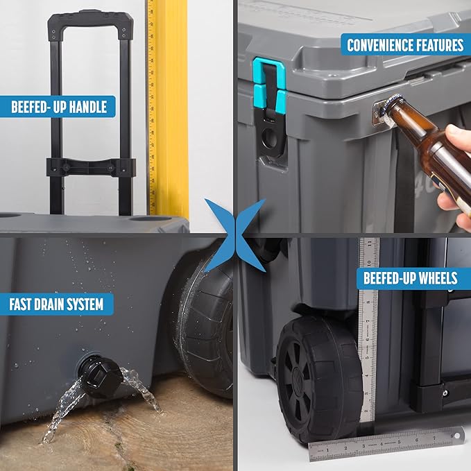 QuadraX 46QT Wheeled Rotomolded Portable Hard Cooler for Camping, Fishing, Beach | Heavy Duty Insulated Ice Chest with Wheels and Handle | Cold Retention 5 Days