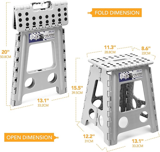 Delxo 16 Inch Folding Step Stool,Foldable Stool for Adults,Portable Collapsible Plastic Stepstool,Non Slip Folding Stools for Kitchen Bathroom Bedroom Up to 400LBS,(Grey 1PC)