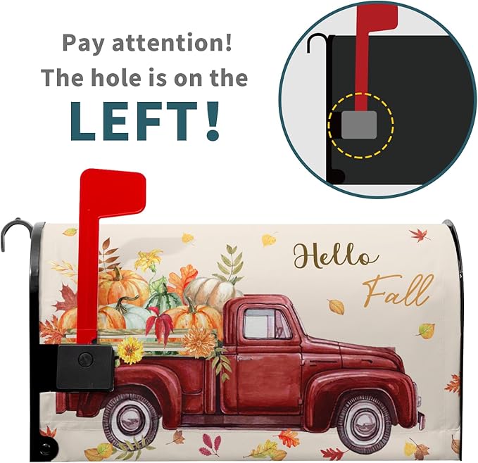 Hello Fall Mailbox Cover Magnetic Autumn Pickup Truck with Pumpkins Letter Box Standard Size 21x18 Inch Happy Harvest Festival Thanksgiving Decorative Waterproof Post Box Covers for Garden Yard