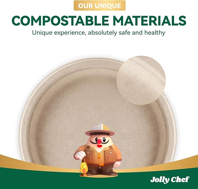 JOLLY CHEF Compostable Heavy Duty Plates 9 Inch [300 Pack] Eco-Friendly Disposable Natural Paper Plates Bagasse Biodegradable Bulk for Party Dinner Sugarcane Fibers Round 300 Count(Brown)