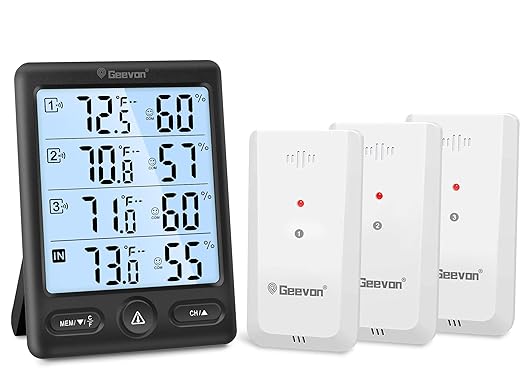 Geevon Indoor Outdoor Thermometer Wireless 3 Remote Sensors, 5-Inch Display Digital Hygrometer Thermometer Temperature Humidity Monitor with 8S Backlight, Battery-Powered (Black)