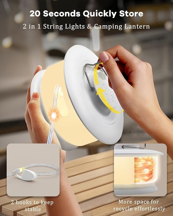 Camping String Lights – 4 in 1 Upgraded RGB Retractable Camping Lights with 19 Lighting Modes, Quick 20s Recovery, Waterproof, 33FT Portable, Rechargeable Tent Lights for Camping, Hiking,Travel,Gift