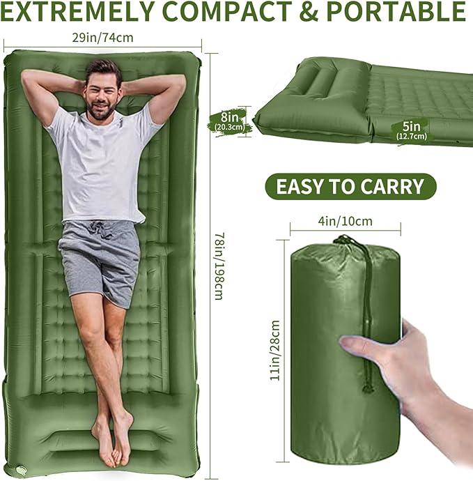 78in x 29in x 5in Camping Sleeping Pad, Upgraded Durable Waterproof Compact Traveling Air Mattress, Built-in Foot Pump, Ultralight Inflatable Sleeping Mat for Backpacking, Hiking