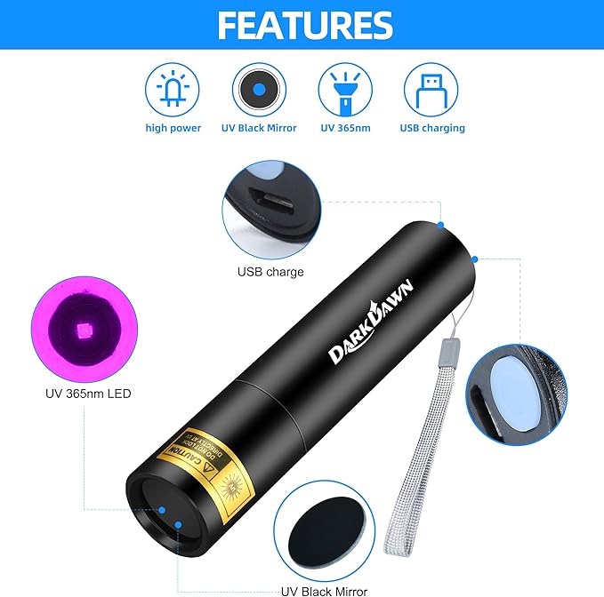 DARKDAWN UV 365nm Black Lights，Mini USB - C Rechargeable Flashlights Portable Woods Lamp, Handheld Portable Blacklight 370nm for Cat Urine Detection, Stains, Uranium Glass, Leak Detection, V4 365 nm