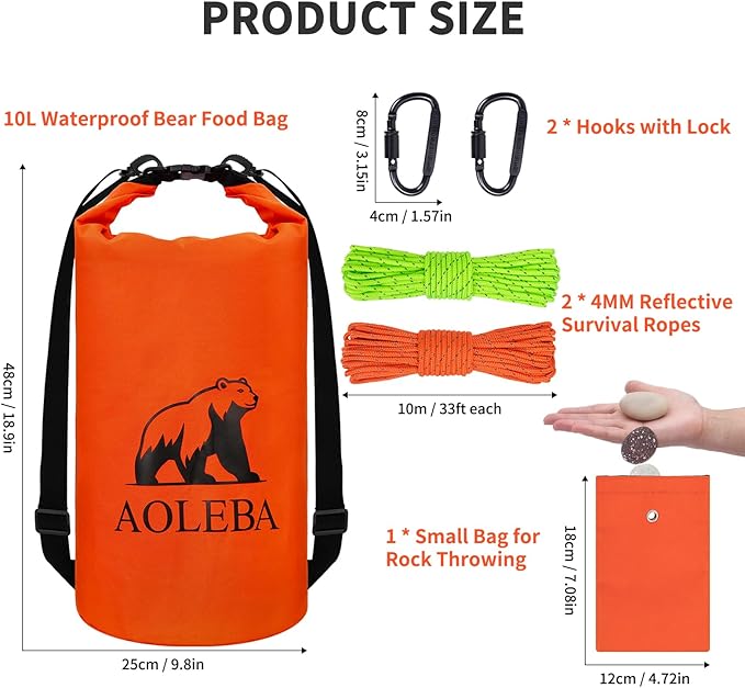 AOLEBA Bear Bag Hanging System Kit, Ultralight Bear Canister for Backpacking, Camping Food Storage Bear Proof Food Storage, 10L Bear Food Bag Survival Bag with Reflective Paracord Rope for Outdoor