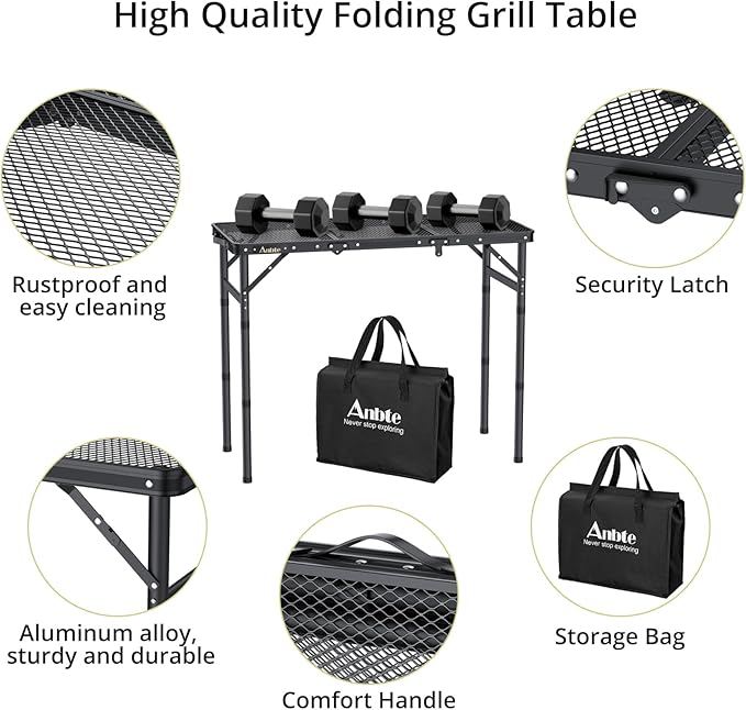 Folding Grill Table, Aluminum Camping Table Adjustable Height Max 27.5" Picnic Table Outdoor Table, Lightweight, Portable Handle for Travel Cooking BBQ Picnic, 35" x 16", Black