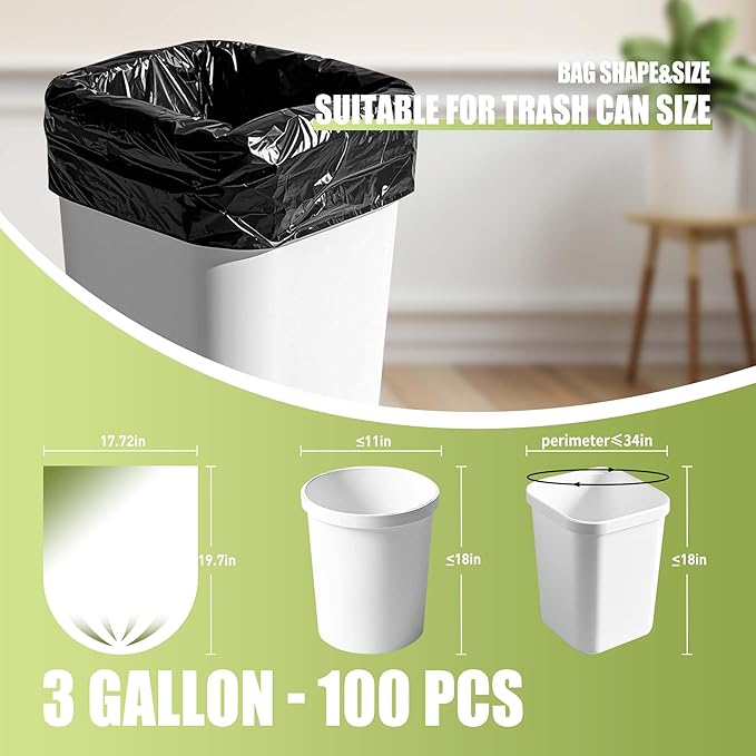 Zhuqing 3 Gallon Trash Bags, 10L Biodegradable Garbage Bags, 100 Counts Compost Wastebasket Liners Bags for Kitchen Bathroom Office, Black
