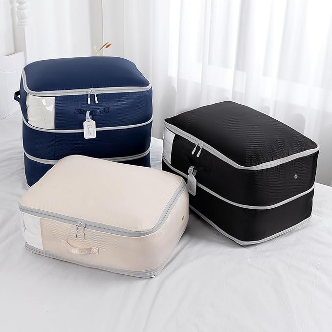 Comforter Storage Bag - Large Capacity Blanket Storage Bags 3-Layer Ultra Space Saving Self Compression Organizer, Washable Compression Bags for Storage Comforter Blanket, 4-Pack, Black