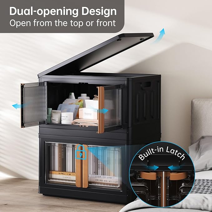 HAIXIN Storage Bins with 4 Lids - 8.4 Gal Closet Cabinet 4 Pack Plastic Stackable Organizers with Front Opening Door Black Foldable Storage Box for Home Garage Office Craft