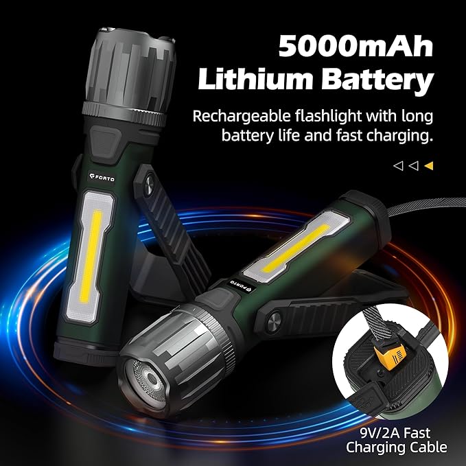 FORTO Rechargeable Work Light 2000LM Magnetic Flashlight, IPX8 Waterproof, 5000mAh, 240° Rotating Handle, for Garage, Camping, Car Repair, Hiking, Power Outage, Jobsite, Emergency (Green)